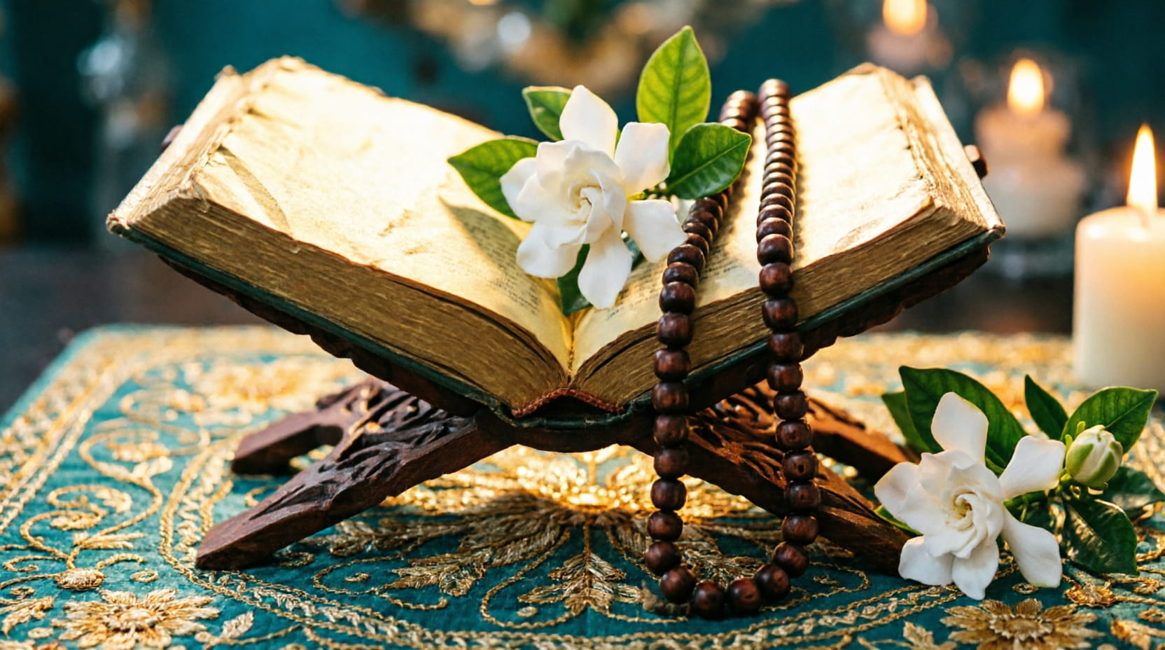 قرآن باز روی رحل چوبی همراه با تسبیح و گل سفید، نماد برکت زندگی مشترک