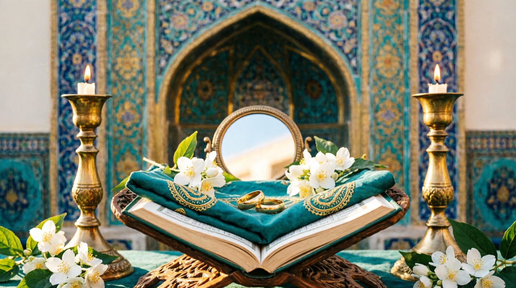 سفرهٔ عقد چیده‌شده در حیاطی با طاق‌های کاشی‌کاری فیروزه‌ای در نور غروب